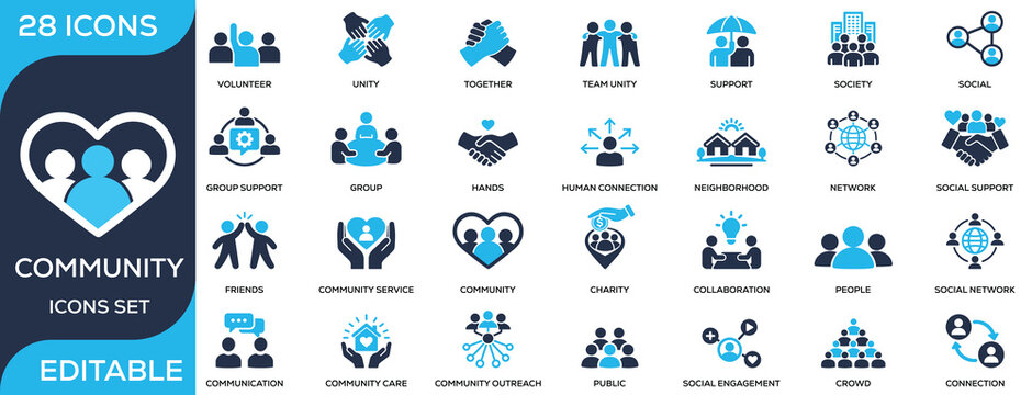 Community solid icon set featuring people, support, unity, social connection, collaboration, and outreach. Flat vector icons for social, nonprofit, and community projects.