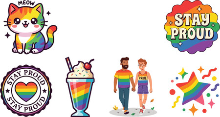 Fototapeta premium Cute rainbow cat meow and stay proud gay pride couple with rainbow star and milkshake vector art