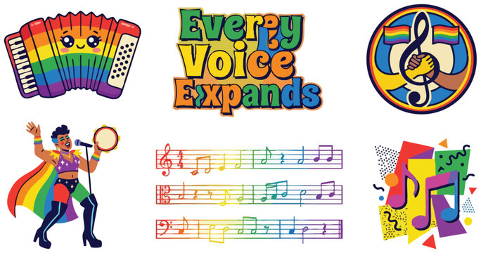 Every voice expands colorful pride music notes and singing singer with rainbow cape