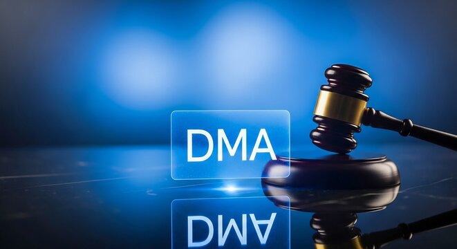 EU Digital Markets Act &ndash; Judge&rsquo;s Gavel with DMA Letters on Blue Background