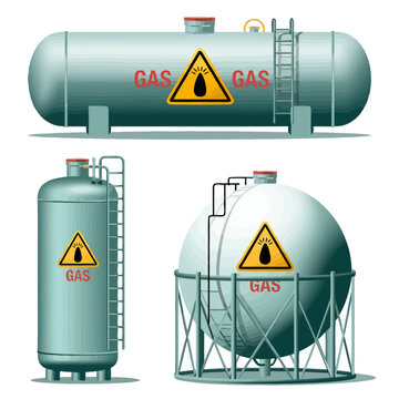 Gas tanks and cylinders with warning signs for flammable contents  industrial storage