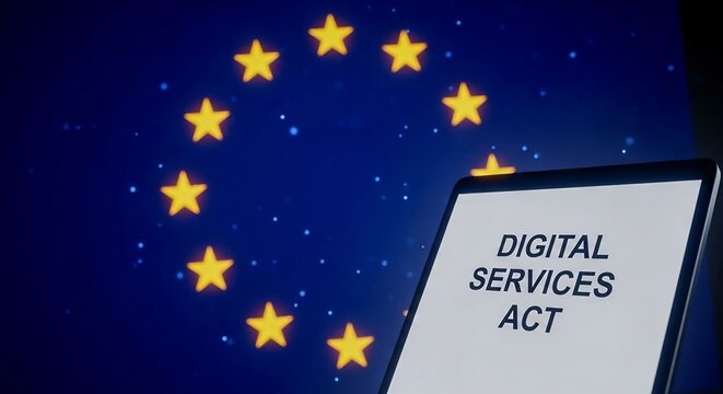European Union Digital Services Act Tablet with Flag and Regulation Theme