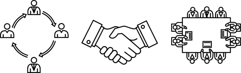 Obraz premium Business Collaboration and Teamwork Line Icon Set Featuring Partnership Handshake, Team Communication Cycle, and Corporate Meeting for Professional Networking Vector Design