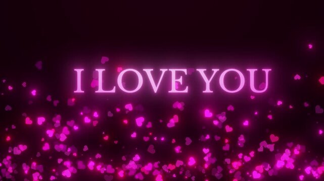 Romantic Glowing Pink Neon "I Love You" Text Centered Against A Dark Black Background Filled With Floating Magenta Heart Particles. Vibrant Luminous Lighting Effects And Soft Bokeh Create A Magical.