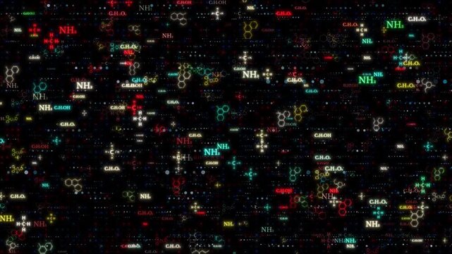Abstract Scientific Digital Background Featuring A Dense Array Of Glowing Chemical Formulas And Molecular Structures In Vibrant Neon Red, Blue, And Yellow Colors Against A Dark Black Void Filled With.