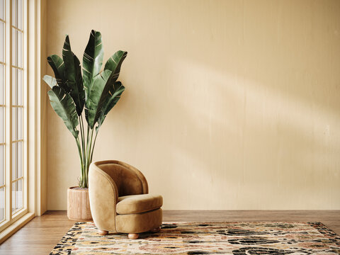 Yellow armchair with potted palm tree. Yellow interior with copy space. 3D Rendering, 3D Illustration