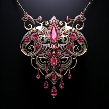 Intricate gold pendant showcases ruby gemstones, detailed filigree, elegant design against dark background.