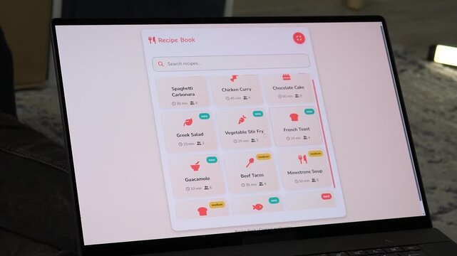 Digital cooking assistant on laptop screen. Selecting a Greek salad recipe, revealing fresh ingredients and step-by-step instructions. Ideal for healthy living, meal prep, and nutrition-based