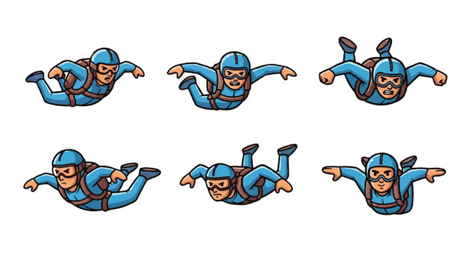 Skydiving figures in various poses isolated on white background