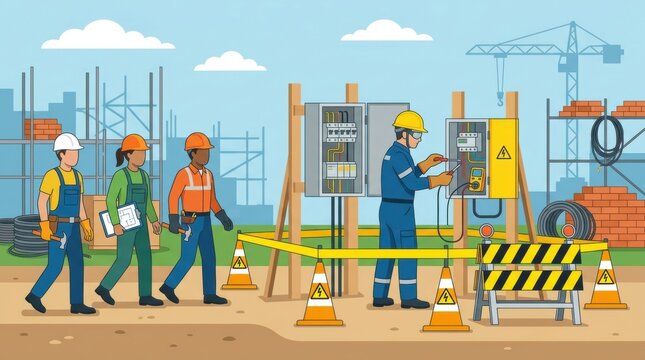 Workers Observe Safety Protocols at Electrical Hazard Zone on Construction Site While Technician Wires Electrical Panel