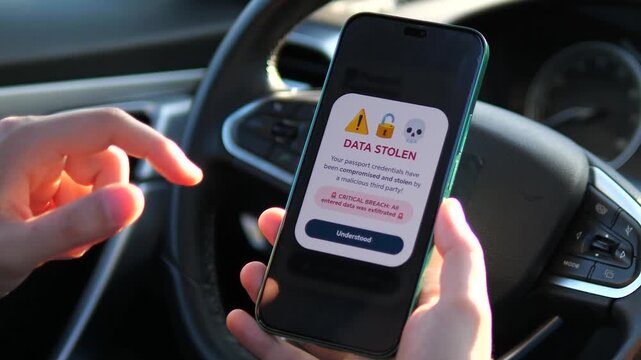 Identity theft alert. User enters passport details on mobile and faces a critical data hack. High-quality close-up for fraud prevention campaigns, online safety tutorials, and financial crime
