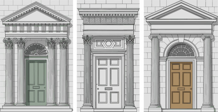 Neoclassical Building Entrances Vector Set Featuring Grand Front Doors with Columns Pediments and Ornate Architectural Details