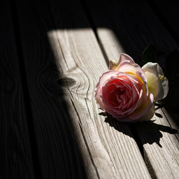 Soft pink rose on sun bleached wooden plank with deep grain and dramatic high contrast light conveying quiet beauty