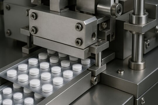 Automated packaging machine seals blister packs of white pills on a production line.