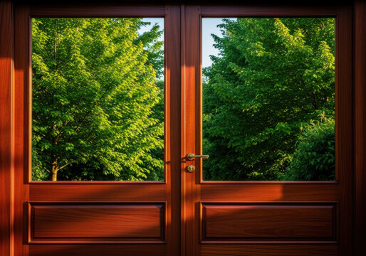 Elegant dark wood and glass garden door framed by lush green trees and warm afternoon sunlight, inviting peaceful outdoor view and serene natural