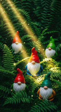 Bright gnome with red hat sitting among green ferns and moss with sunlight beams and magical glow in secret garden nook