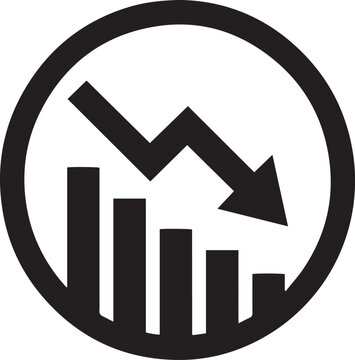 Business failure bar chart circular icon showing financial loss and downward market trend with decreasing arrow for corporate data analysis and bankruptcy.
