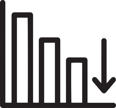 Business failure bar chart icon showing financial loss and downward market trend with a decreasing arrow for corporate data analysis and bankruptcy.
