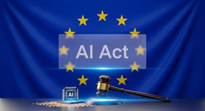 EU AI Act Gavel with Flag and Cube