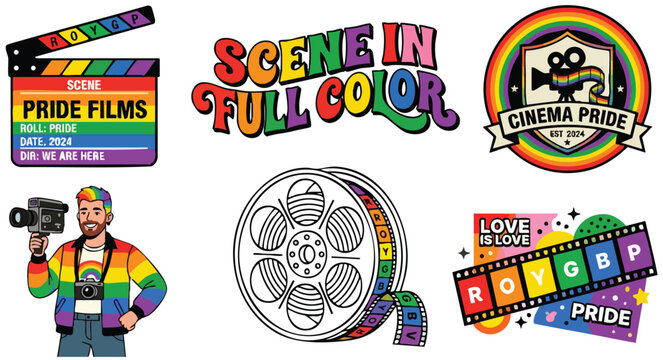 Colorful retro scene in full color text with pride films clapper and filmmaker with rainbow hair