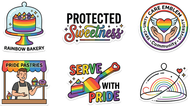 Colorful rainbow pride cake with serve with pride and community care emblems vector art