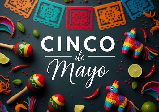 Vibrant Cinco de Mayo graphic design featuring colorful traditional pinatas and classic maracas arranged neatly to celebrate the festive Mexican holiday with authentic cultural artistic style