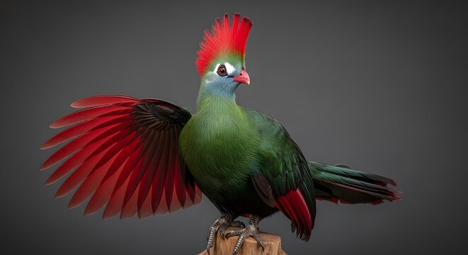 Turaco bird with vibrant red crest and wings spread against a neutral backdrop
