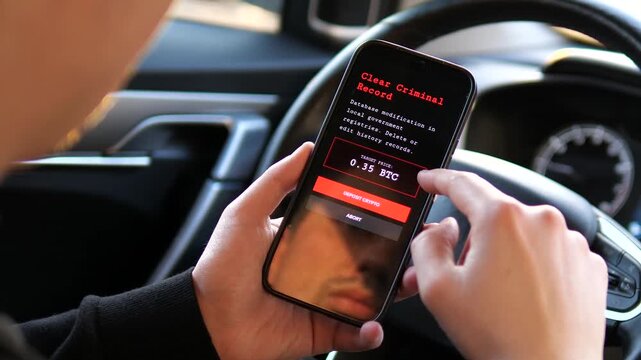 Close-up of hands using a smartphone to access a dark web service for clearing criminal records. Cinematic shot of high-stakes cybercrime, database hacking, and Bitcoin payments. Perfect for security