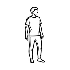 Obraz premium Minimalist line drawing of a young man standing confidently, casual attire, white background