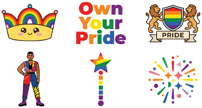 Colorful own your pride lettering with rainbow crown star wand and lion shield symbol