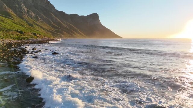 Aerial drone footage of Clarence Drive, one of South Africa&rsquo;s most scenic coastal routes at Sunset