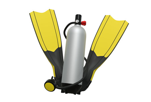 Scuba diving gear with yellow oxygen tank and blue flippers, 3D rendering