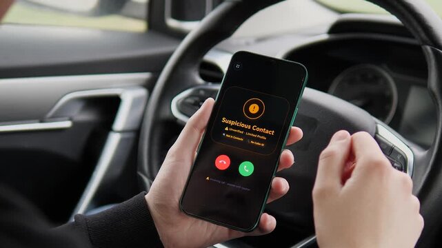 Dangerous unknown caller alert on a phone screen. Driver faces a suspicious contact with no caller ID. Ideal for news segments about scam calls, digital privacy, and mobile safety. Professional