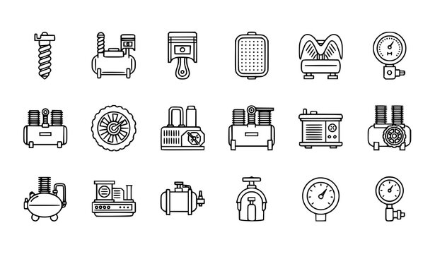 Air compressor icons set vector thin line screw piston centrifugal diesel rotary equipment pictograms isolated white background