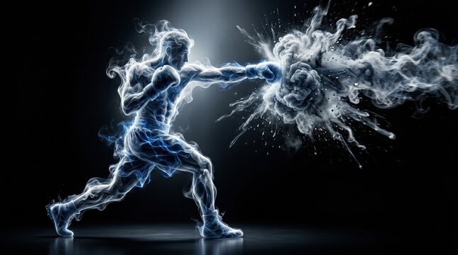 Dynamic smoke boxer silhouette punching with explosive energy on dark background. Powerful combat concept.