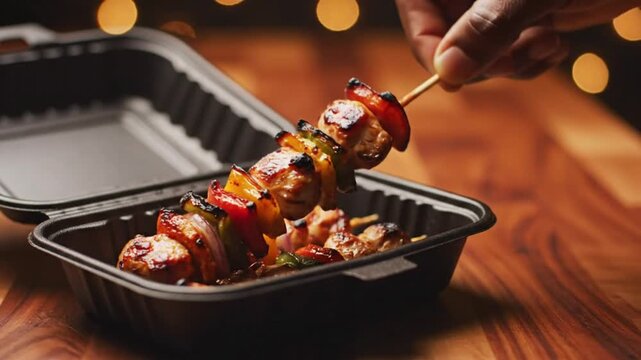 Delicious grilled chicken skewers in a take out container being lifted up for a taste test