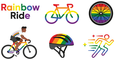 Fototapeta premium Rainbow ride cycling theme with colorful bike helmet and running figure