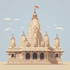 Obraz premium Intricate Hindu temple illustration showcases detailed architecture, ornate carvings, vibrant flag against clear sky.