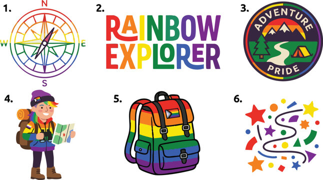 Colorful rainbow explorer text with camping adventure pride patch compass and backpack vector art