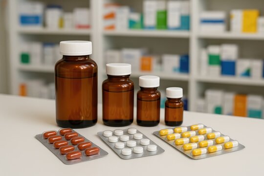 Amber glass medicine bottles and blister packs of pills rest on a white surface.