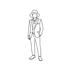 Obraz premium Illustration of a man in a suit and hat standing confidently, full body, minimalist line art style