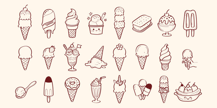 hand drawn doddle vector set of different ice cream types . line art . ice cream elements set . sketches ice cream art . vector illustration
