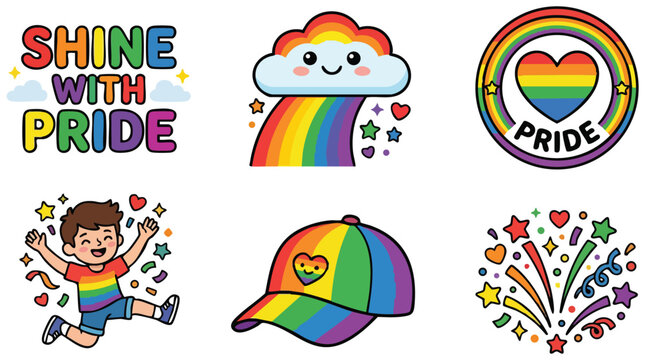 Colorful shine with pride lettering rainbow cloud heart boy cap and fireworks vector art