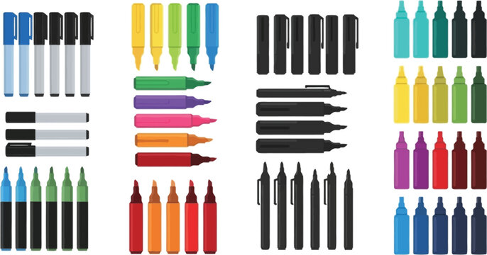 Marker Pen and Highlighter Icon Set with Colorful Felt Tip Pens for Office Supplies, School Stationery, Drawing Tools, Writing, and Creative Design Illustration