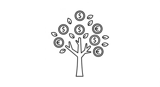 Money Tree Illustration with Dollar and Euro Coins Growing on Branches.