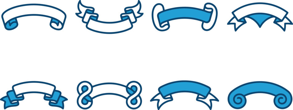 Vintage blue ribbon banners set, 8 decorative scroll vector elements, nautical heraldic frame collection for labels and certificates