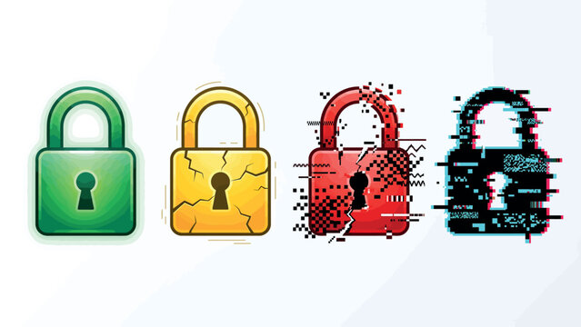 Padlock Cyber Security Breach Glitch Sequence Vector Art Illustration