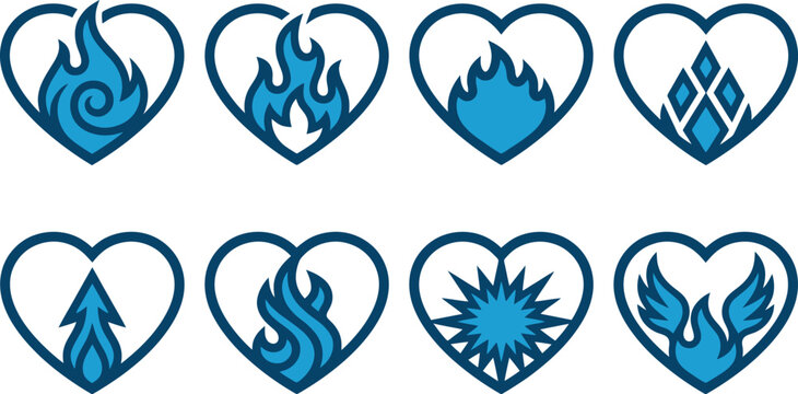 Stylized blue flame heart icons, set of 8 fire heart symbols in vector format, creative burning heart logo elements for gaming and branding