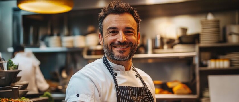 A smiling chef in his uniform stands in his kitchen, exuding confidence and warmth, making his portrait the perfect backdrop for a restaurant menu or a cooking show.