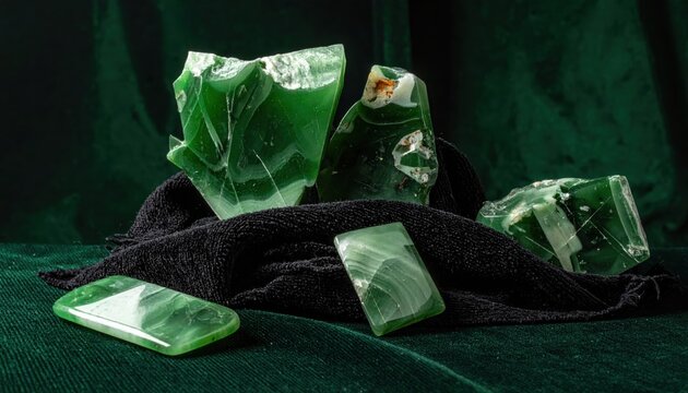 Artfully arranged fragments of polished jade, smooth and cool to the touch, resting on a dark velvet surface.